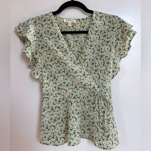 Monteau Green Floral Wrap Blouse